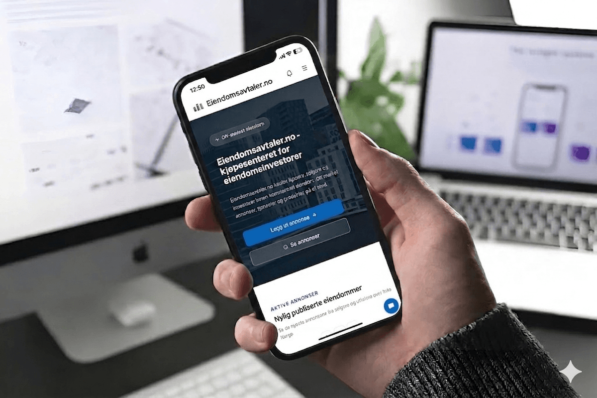 Et bilde av en hånd som holder en smarttelefon med nettsiden Eiendomsavtaler.no på skjermen. Nettsiden tilbyr en tjeneste for eiendomsinvestorer med funksjoner som "Off-marked eiendom", "Legg ut annonse", og "Se annonser". I bakgrunnen ser man et kontormiljø med datamaskiner, tastaturer, en grønn plante og tastaturer, noe som understreker et digitalt arbeidsmiljø og proptech-fokus.